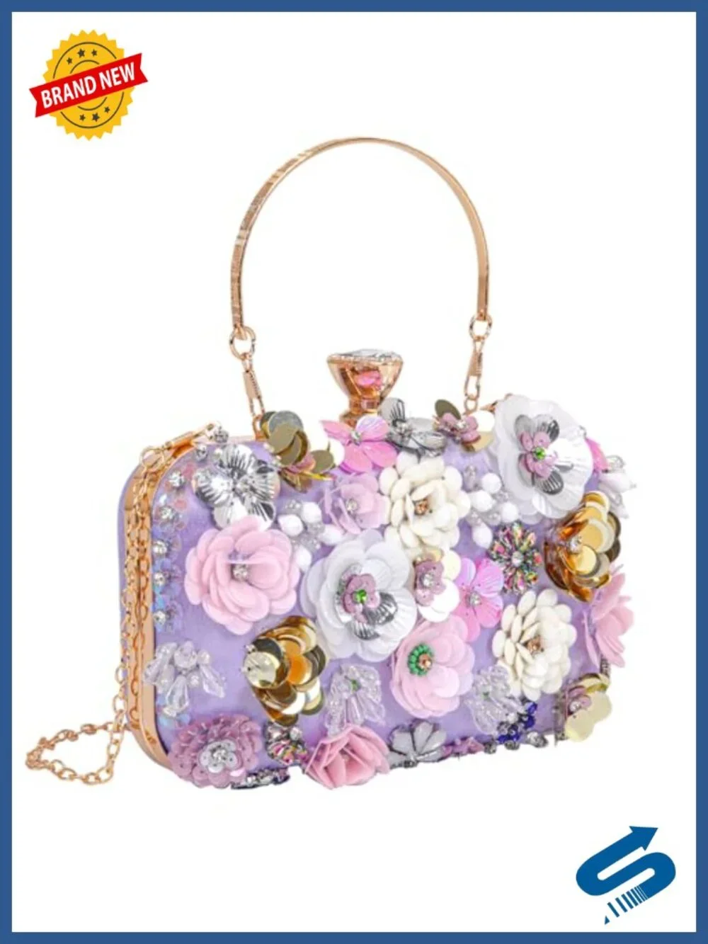 PU Leather Floral Clutch Evening Bag with Chain Strap